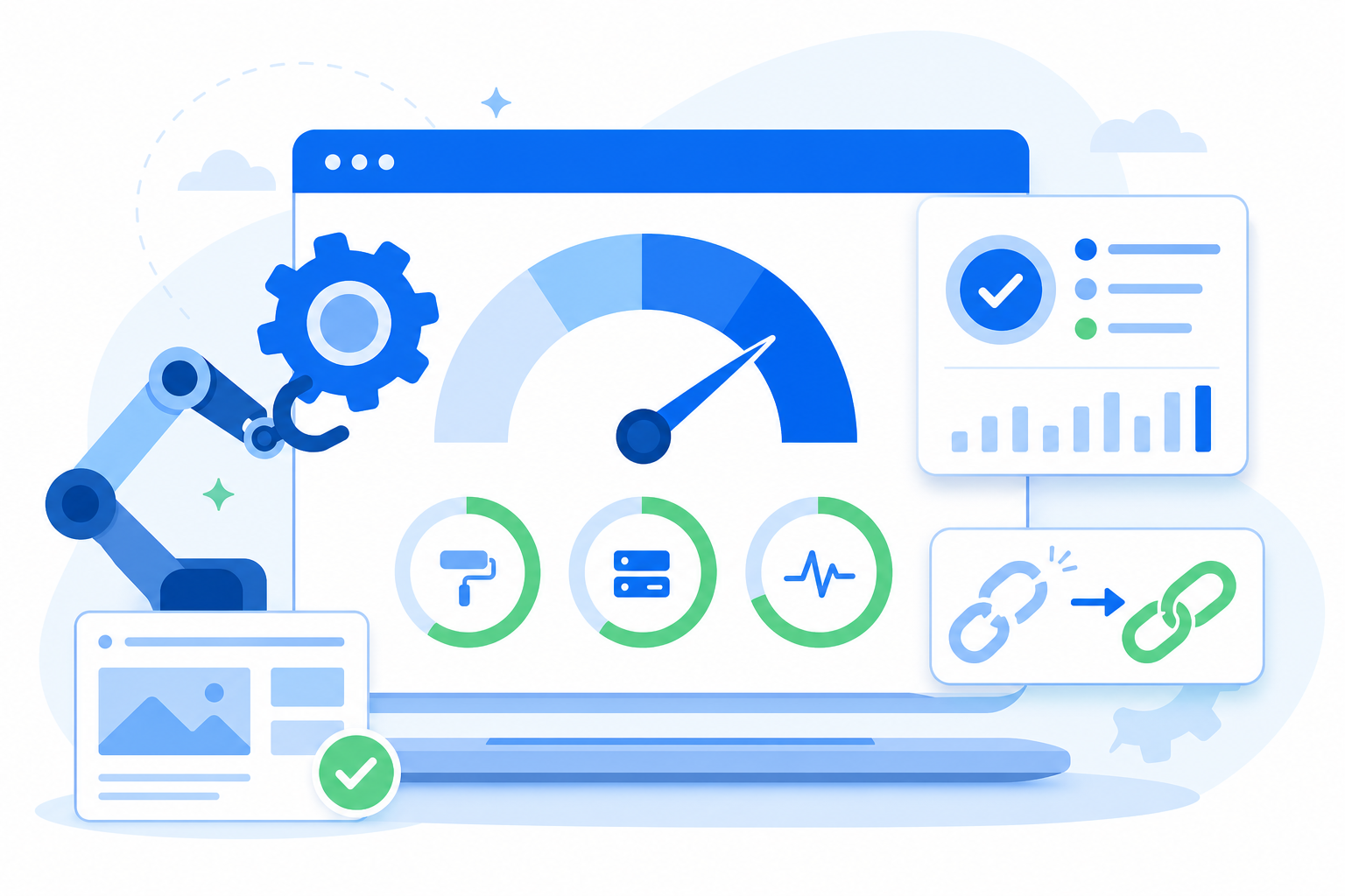 A technical SEO dashboard with a performance gauge and health-check meters