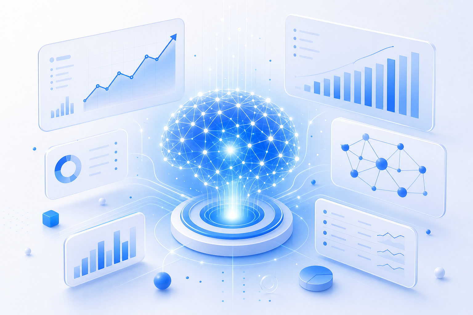 SEO Agent AI dashboard concept showing an AI brain connected to ranking charts, keyword data and a knowledge graph